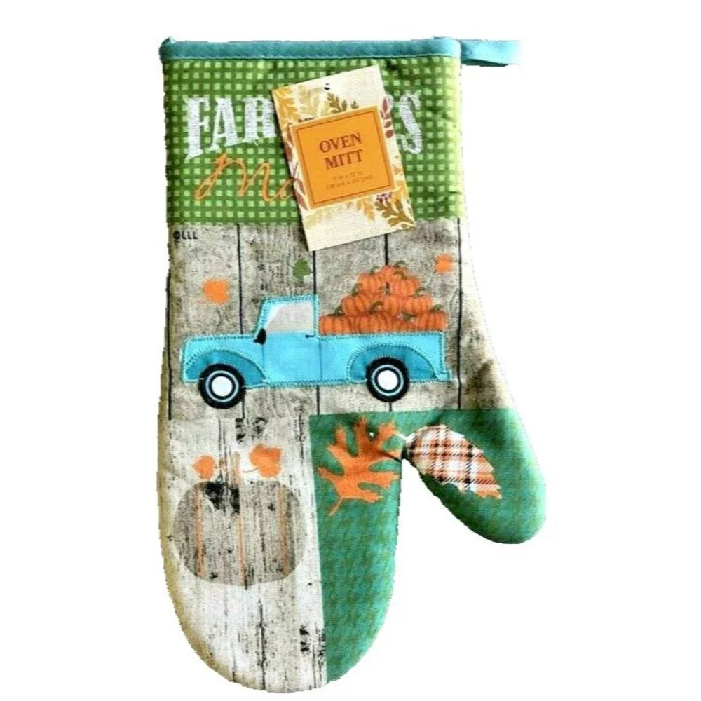 Thanksgiving Blue Farm Truck Oven Mitt Potholder Pumpkins Fall Set of 2
